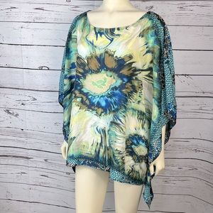 *Rare* Stunning Chico’s Flowy Silk Tunic Top Sz Medium / Large Blue Geode Mosaic